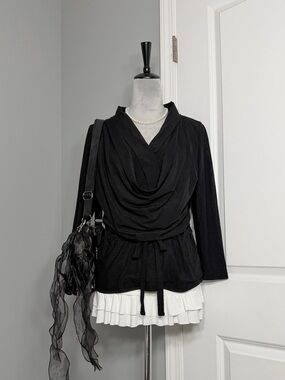 Vintage Juliette Black Draped Cowl Neck Blouse with Tie Waist (Women’s M)